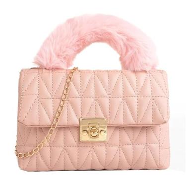 Imagem de Bolsa feminina com alça de pelúcia bordada corrente ombro transversal elegante pequena bolsa quadrada, rosa