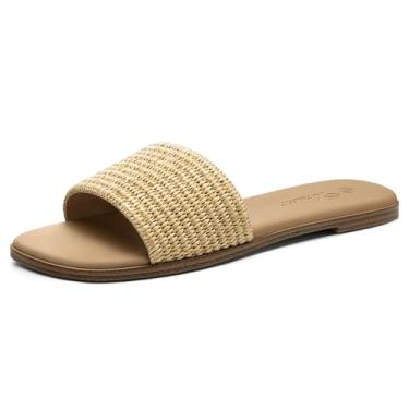 Imagem de Athlefit Sandálias rasteiras femininas de verão, ráfia, bico quadrado, confortável, elegante e casual para viagens na praia, Tan Raffia, 41
