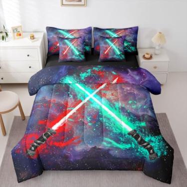 Imagem de Erosebridal Jogo de cama casal com sabre de luz, 7 peças, azul-petróleo neon em uma bolsa para quarto de crianças, meninas, adolescentes, galáxia, estrelas, jogo de cama, moderno, vermelho e roxo