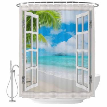 Imagem de Cortina de chuveiro de praia céu azul coqueiros ilha janela vista conjunto de cortinas de chuveiro tecido impermeável cortina de banho para banheiro decoração de banheira acessórios de casa 182 x 182