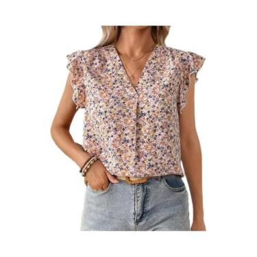 Imagem de Blusa Feminina De Chiffon Floral Com Decote Em V E Manga De Renda, Top