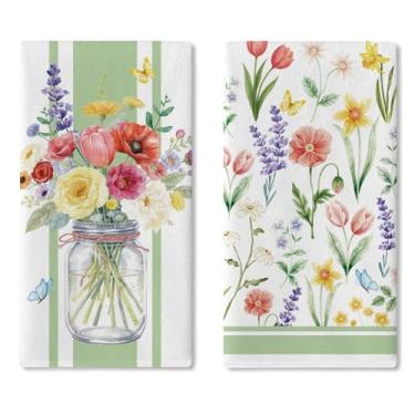 Imagem de Croar Conjunto de 2 panos de prato de cozinha florais primavera verão flor aquarela pote de pedreiro toalha de mão para assar pano, decoração de casa de banho de fazenda 45 cm x 66 cm