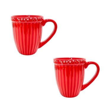 Imagem de Kit de 2 Canecas de Cerâmica 390ml 2ª Linha - Tema Natal Feliz, Ideal para Presente e Uso Doméstico (Vermelha Floco de Neve)