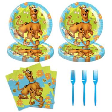 Imagem de Pacote com 48 suprimentos para festa de aniversário Scooby incluem 16 pratos, 16 guardanapos e garfo para decoração de festa de aniversário do cachorro Scooby (multicolorido16)