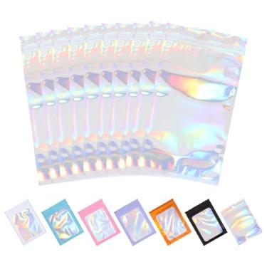 Imagem de Tiparts 100 sacos holográficos Mylar, sacos transparentes resseláveis de 12 x 22 cm com janela frontal transparente para armazenamento de alimentos, joias, doces, embalagens para pequenas empresas