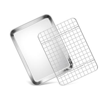 Imagem de Homikit Assadeira de forno com rack, assadeira de 22 x 18 cm com grade de arame, folhas de biscoito de aço inoxidável para assar, bandeja de bacon com grade de resfriamento, livre de ferrugem e
