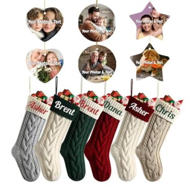 Imagem de Conjunto de 12 peças de meias de Natal com 6 meias personalizadas e 6 enfeites de fotos, kit completo de decoração de férias para família e presente