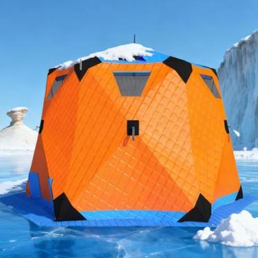 Imagem de Barraca portátil de abrigo de pesca no gelo para 6 a 10 pessoas, barraca pop-up isolada hexagonal à prova de vento com fogão e piso, 260 x 260 x 170 cm, equipamento de pesca no gelo cinza
