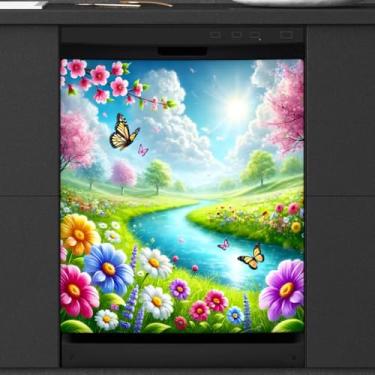 Imagem de Capa de ímã para lava-louças flor borboleta cenário frontal capa de lava-louças decorativa geladeira reutilizável eletrodomésticos adesivos decoração 58 x 66 cm