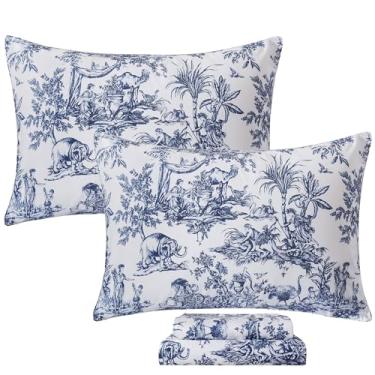 Imagem de FADFAY Jogo de lençol solteiro clássico azul e branco 100% algodão egípcio campestre francês toile de jouy pastoral cênica fazenda lençol com bolso profundo respirável macio para todas as estações 4