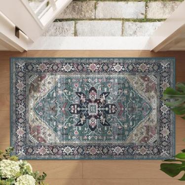 Imagem de Enkor Tapetes macios de área, lavável, antiderrapante, boêmio, pequeno, para sala de estar, quarto, estilo vintage, tapete de casa de fazenda para cozinha, roxo e verde