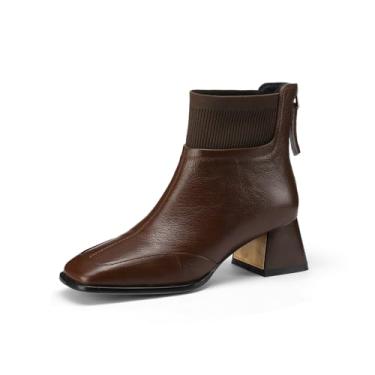 Imagem de TinaCus Bota feminina de couro legítimo e tecido de malha, salto grosso, feita à mão com zíper, Marrom, 37