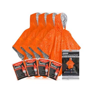Imagem de aZengear Poncho de sobrevivência de emergência (4 peças) cobertor térmico de folha de mylar para retenção de calor e chuva | reversível com capuz | impermeável, à prova de vento, portátil, mãos livres