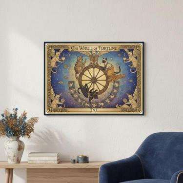 Imagem de Quadro Carta Tarot Gatos Roda Fortuna 70x50cm Mold Preta - Quadros On-