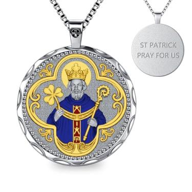 Imagem de OigvcoTe Colar de medalha de São Patrício, banhado a cobre, ouro real platina, pingente de santo padroeiro católico, tema religioso, comprimento da corrente de 60 cm, 44 Millimeters, Metal, Zircônia