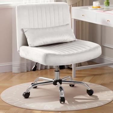 Imagem de Warmiehomy Cadeira de escritório de veludo, cadeira cruzada de luxo com rodas, confortável cadeira de mesa com pernas cruzadas para escritório em casa, cadeira elegante, cadeira de computador de