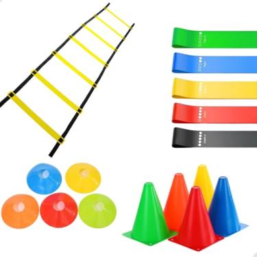 Imagem de Kit Funcional Treino Em Casa 5 Cones + 5 Chapéu Chines + 5 Elastico Miniband + 1 Escada com 7 Degraus