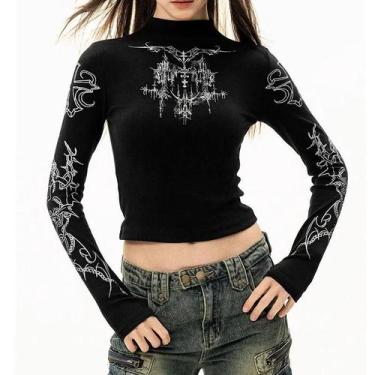 Imagem de Camiseta Feminina Grunge Y2K De Gola Alta Com Manga Longa, Estampa Grá
