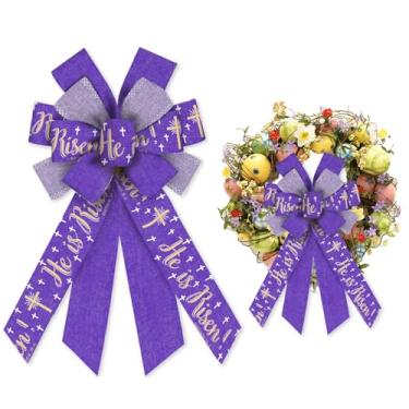 Imagem de Grandes laços He is Risen para grinaldas, laços de guirlanda de Páscoa, arcos roxos para porta da frente, decoração de Natal de Páscoa, serapilheira de cruz religiosa para decoração interna e externa