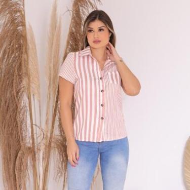 Imagem de Camisa Estampada Listrada com Bolso Frontal e Botões-listrado Rosa-Feminino