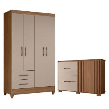 Imagem de Guarda Roupa Solteiro e Cômoda Chile Texas 4 Portas 2 Gavetas em MDP com Corrediças Telescópicas Carvalho Fendi