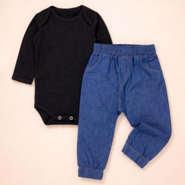 Imagem de Conjunto Bebê Body Longo e Calça Jogger Jeans para Passeio Cor:PretoTa