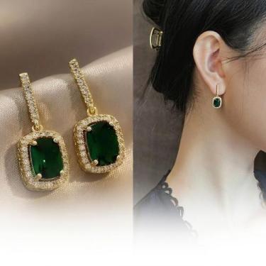 Imagem de Brincos Feminino Verde Esmelralda Geometrico Cravejado Zirconia Banho 
