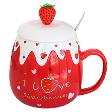 Imagem de seelucky Caneca de balão de ar quente com tampa colher criança desenho animado caneca de leite caneca 3D xícara de café de cerâmica xícara de chá presente de aniversário escritório casa (morango amor