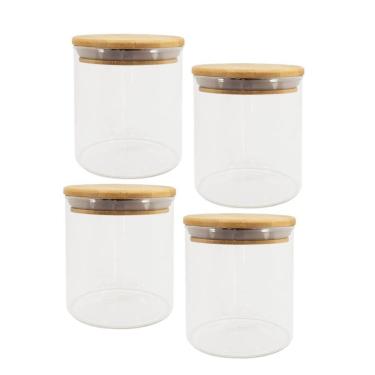 Imagem de Potes De Vidro p/ Mantimentos 500ml c/ Tampa Bambu - 4 pçs