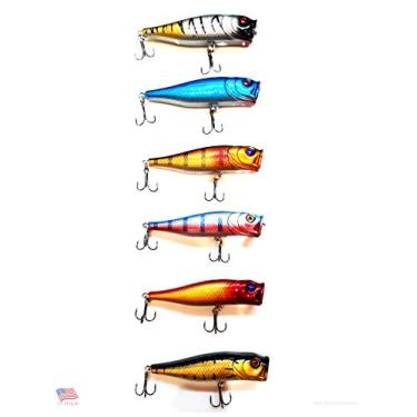 Imagem de 6 Topwater Poppers Iscas rígidas Minnow com gancho de agudos Isca de pesca Popper Isca 3D realista Wobbler Gargantilhas de água doce para baixo, Striper Deep/Shallow Divers