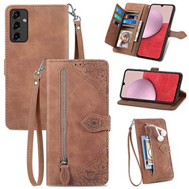 Imagem de Capas de telefone com slots de cartão de luxo Samsung Galaxy A14 A 14 5G capa de couro cordão de negócios suporte de zíper carteira clipe de telefone Samsung A14 5G capas (marrom, Samsung A14 5G)