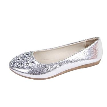 Imagem de Sapato feminino Gaorui com strass e cristais com bico fino e salto plano, Prata, 5.5
