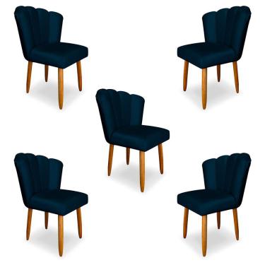 Imagem de Kit 5 Cadeiras de Jantar Pétala Estofada Pés Palito Veludo Azul Marinho - Montanaris Decor