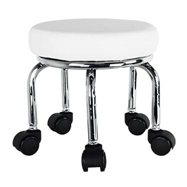 Imagem de WKWKER Banco de rolo moderno de couro PU baixo redondo com rodinhas giratórias de 360° com rodas universais para escritório em casa, garagem, loja, fitness, esporte H: 31,5 cm (branco)
