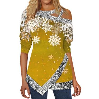 Imagem de Elogoog Camiseta feminina Merry Christmas Pullover Merry and Bright Off Shoulder Shirt Fashion Cute Christmas Tree Shirt, Amarelo, 5G