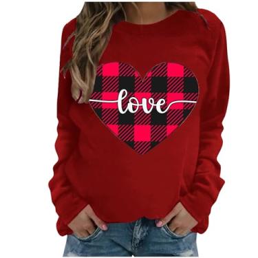 Imagem de SHOPESSA Camisas de Dia dos Namorados para Mulheres Love Heart Graphic T-Shirt Gola Redonda Jersey Roupas de Primavera para Mulheres 2024, Tops de coração xadrez vinho, P