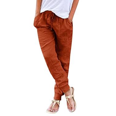 Imagem de Calças femininas de verão de cintura alta algodão linho cintura alta perna larga moda algodão calças de verão plus size, Laranja, 3G