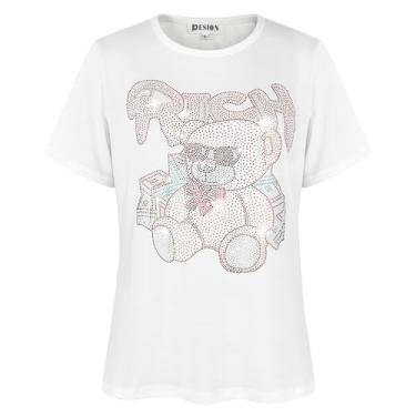 Imagem de PESION Camiseta feminina de manga curta com lantejoulas, gola redonda e estampa engraçada, Urso de pelúcia branco +, M