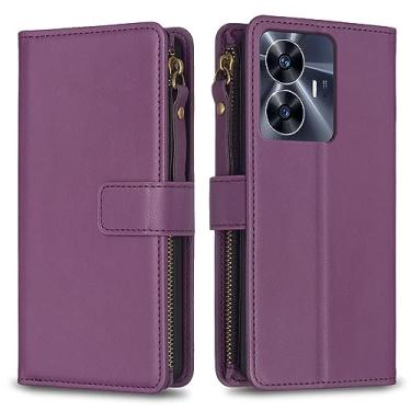 Imagem de Capa para alça de pulso Realme C55, 9 compartimentos para cartão, 1 carteira de couro com zíper, suporte flip fecho magnético bolsa de mão compatível com Realme C55 4G 6,7 polegadas (vinho vermelho)