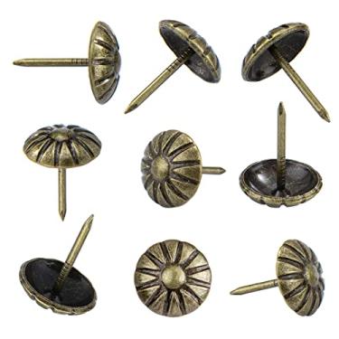 Imagem de Tachinhas de estofamento para móveis, empunhadura decorativa vintage de 1,5 cm, 100 peças de tachinhas de móveis resistentes para estofados, pregos de móveis de sofá margarida para madeira, latão antigo