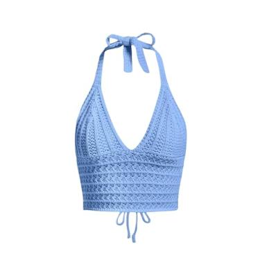 Imagem de SOLY HUX Blusa feminina de crochê frente única cropped verão sexy malha gola V sem mangas camiseta Y2K, Azul liso, G