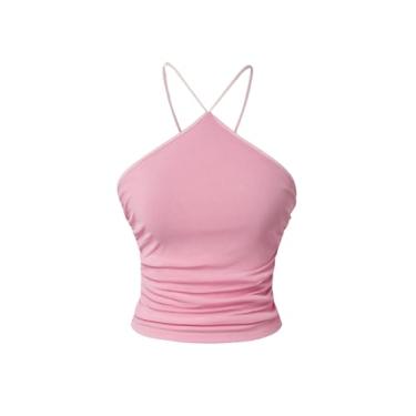Imagem de OYOANGLE Camiseta feminina de malha sem mangas franzido frente única slim fit verão sair, rosa, M