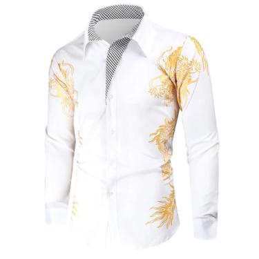 Imagem de Camisa masculina de manga comprida estampada em bronze casual slim fit Royal Paisley camiseta estampada dragão para homens, Branco, M