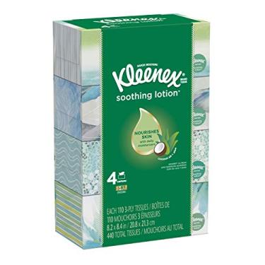 Imagem de Kleenex Lenços faciais de loção calmante, 4 caixas lisas, 110 tecidos por caixa (440 tecidos no total), óleo de coco, aloe e vitamina E