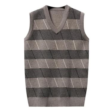 Imagem de Pulôver masculino xadrez de malha coletes de cor sólida suéter colete gola V borda canelada pulôver suéteres, Cáqui, 3G