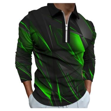 Imagem de Camisa polo masculina estampada em 3D estampa geométrica pulôver gola larga manga longa clássica, Verde, 3G