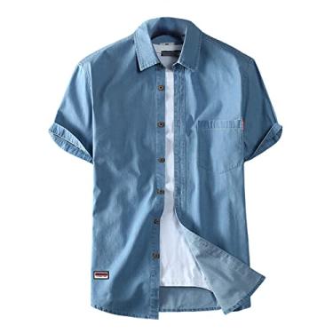 Imagem de Camisa masculina jeans de algodão manga curta gola alta caimento solto top com bolso, Cor 1, 7G