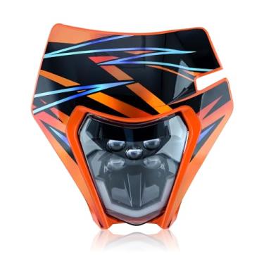 Imagem de MCHMFG Dirt Bike Farol Dirtbike Kit de Faróis de LED Kit de Luz de Cabeça de Motocicleta Universal para a maioria dos Dirt Pit Enduro Motocicleta Farol Frontlight para ATV Quad (Adesivo Laranja)