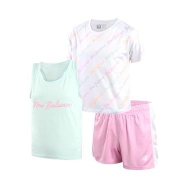 Imagem de New Balance Conjunto de shorts para meninas – Camiseta de desempenho de 3 peças, regata e shorts de ginástica – Roupa de verão para meninas (7-12), Surf/branco/rosa, 10-12