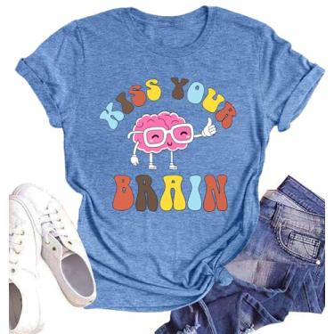 Imagem de Camisetas femininas com estampa gráfica Kiss Your Brain Retro Teaching Life Inspirational, Azul, P